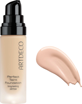 Artdeco Perfect Teint Foundation Pure Porcelain, beztłuszczowy podkład w butelce z pompką i próbką obok.