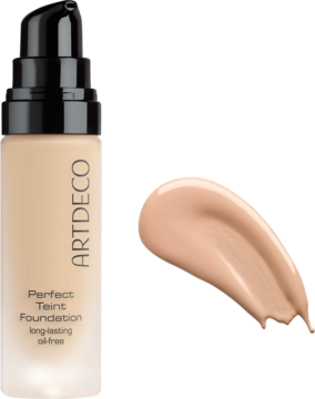 Matujący podkład Artdeco Perfect Teint Warm Vanilla w butelce z pompką, obok beżowy swatch.