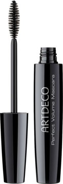 ARTDECO Perfect Volume Mascara, czarna tubka z wysuniętą owalną szczoteczką, widok z przodu.