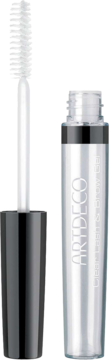 Artdeco Clear Lash & Brow Gel w otwartej, przezroczystej tubie z srebrnym paskiem i białą, elastyczną szczoteczką.