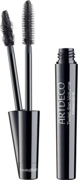 ARTDECO Twist for Volume Mascara: otwarta czarna tubka, dwie szczoteczki. Jedna wydłuża, druga pogrubia rzęsy.