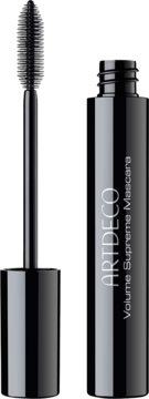 Artdeco Volume Supreme Mascara: czarna tuba obok wyjętej szczoteczki do rzęs z żółtym akcentem na trzonku.