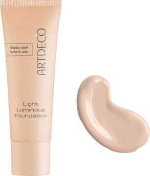 Artdeco Light Luminous Foundation w tubce i swatchu. Jasnobeżowy podkład z efektem rozświetlającym, widok z przodu.