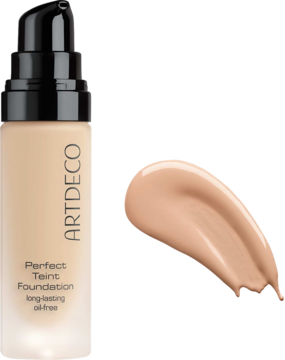 Matujący podkład Artdeco Perfect Teint w szklanej butelce z pompką i swatch. Naturalny odcień, długotrwały.