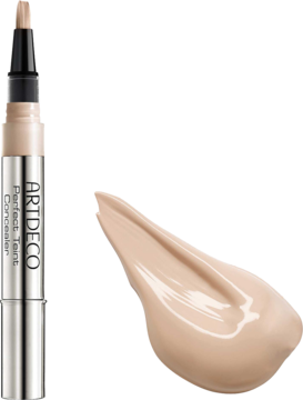 Srebrny korektor Artdeco Perfect Teint Concealer z pędzelkiem i beżowa smuga produktu na białym tle.