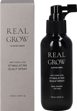 Czarne pudełko i butelka Rated Green Real Grow Anti-Hair Loss Stimulating Scalp Spray, widok z przodu.