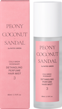 Rated Green Peony-Coconut-Sandal Detangling Perfume Hair Mist w różowym pudełku i przezroczystej butelce.