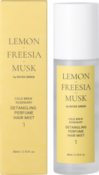 Rated Green Lemon Freesia Musk mgiełka do włosów, detangling, w żółtym pudełku i butelce, widok przodem.