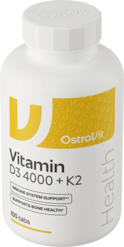 OstroVit Witamina D3 4000 + K2 w białej butelce na 100 tabletek, wsparcie odporności i kości, widok z przodu.