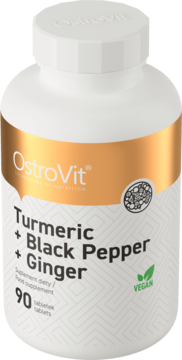 Biała butelka OstroVit Turmeric + Black Pepper + Ginger, 90 tabletek, z etykietą w złoto-szare wzory, widok z przodu.