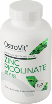 Biała butelka OstroVit Zinc Picolinate 15 mg, 150 tabletek, z zielonym wzorem liści na etykiecie, widok frontalny.