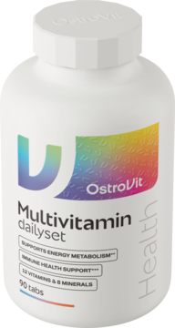 Biała butelka OstroVit Multivitamin dailyset, 90 tabletek, z kolorowym logo i opisem, widok z przodu.