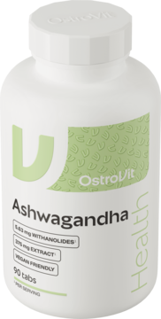 Biała butelka OstroVit Ashwagandha VEGE 90 tabs, z zielonym logo, widoczne mg witanolidów, widok z przodu.