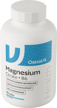 Biała butelka OstroVit Magnesium Citrate + B6, 90 tabletek, z niebieskim logo, widok z przodu. 400 mg magnezu.