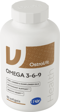 Biała butelka OstroVit Omega 3-6-9 z brązową etykietą. Suplement 90 softgels, oleje rybne, lniane, słonecznikowe, widok z przodu.