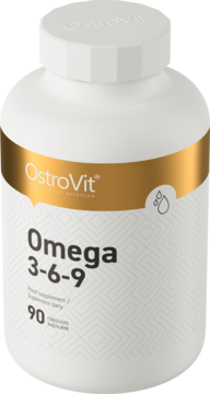 Biała butelka OstroVit Omega 3-6-9, 90 kapsułek, złoto-biała etykieta, widok z przodu pod kątem.