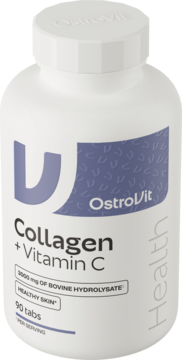 Suplement OstroVit Collagen + Vitamin C, biała butelka z fioletową etykietą, 90 tabletek, widok z przodu.