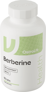 Biała butelka suplementu OstroVit Berberine VEGE, 90 tabletek, z zielonym logo i napisem 'Health', widok z przodu pod kątem.