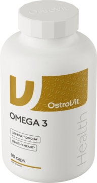Suplement OstroVit Omega 3, biała butelka z etykietą 180 EPA / 120 DHA, widok z przodu pod lekkim kątem.