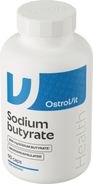 OstroVit Maślan Sodu, biała butelka 90 kapsułek 600 mg z niebieskim logo, widok z przodu i boku.