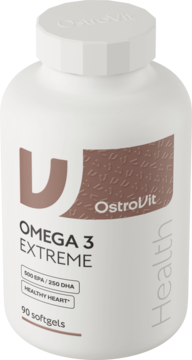 Biała butelka OstroVit Omega 3 Extreme 90 kapsułek z brązową etykietą, widok z przodu pod kątem.