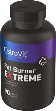 Czarna butelka OstroVit Fat Burner eXtreme, 90 kapsułek spalacza tłuszczu z fioletową etykietą, widok pod kątem.