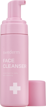 Różowa pianka oczyszczająca Swederm FACE CLEANSER z pompką i białym krzyżem, widok z przodu, otwarty korek.
