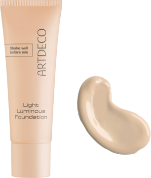 Artdeco Light Luminous Foundation Neutral Porcelain, beżowa tubka i kremowy swatch na żółtym tle.