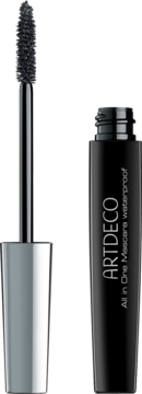 ARTDECO All in One Mascara wodoodporny. Czarna tuba i wyjęty srebrno-czarny aplikator z gęstą szczoteczką.