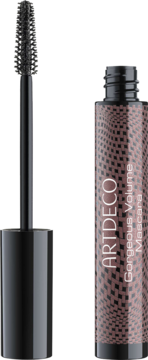 Tusz ARTDECO Gorgeous Volume z otwartą tubą o iluzorycznym wzorze i czarną, pogrubiającą szczoteczką.