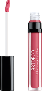 Artdeco Plumping Lip Fluid Juicy Berry, różowy błyszczyk z wyjętym aplikatorem, widok z przodu.