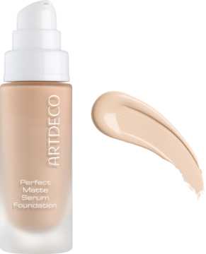 Artdeco Perfect Matte Serum Foundation Nude Beige, matujący podkład do twarzy w butelce z pompką i swatch koloru.