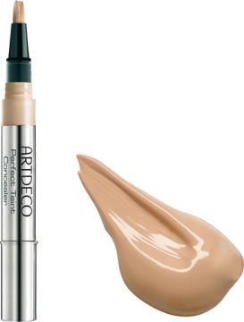 Artdeco Perfect Teint Concealer Ivory: rozświetlający korektor w penie z pędzelkiem i beżowy swatch.