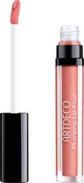 Błyszczyk Artdeco Plumping Lip Fluid Gleaming Rose, otwarta butelka z wyjętym aplikatorem z różowym błyszczykiem.