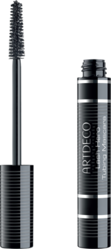 ARTDECO Lash Hero Tubing Mascara w czarnej tubie z srebrnymi paskami, otwarta, obok czarny aplikator.