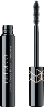 ARTDECO Ultra Deep Black Mascara, czarna tubka i wyjęta szczoteczka silikonowa z geometrycznym, złotym wzorem.