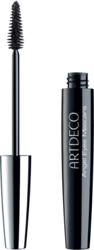 Otwarty tusz Artdeco Angel Eyes Mascara w czarnej tubce, z aplikatorem z pogrubiająco-wydłużającą szczoteczką.