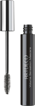 ARTDECO Volume Sensation Mascara, czarna tubka z otwartym aplikatorem i gęstą szczoteczką.