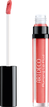 Artdeco Plumping Lip Fluid, otwarty koralowy błyszczyk z aplikatorem obok tubki, widok z przodu.