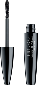 Czarny tusz ARTDECO Length & Volume Mascara. Otwarta buteleczka i szczoteczka z widocznym tuszem na czarnym tle.