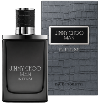Jimmy Choo Man Intense woda toaletowa, czarna butelka z metalowym korkiem i pudełko z fakturą krokodyla, widok z przodu.