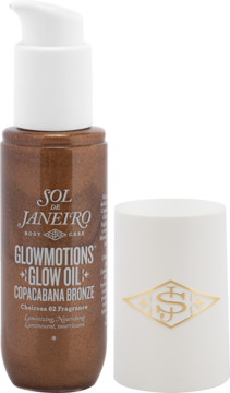 Sol de Janeiro Glow Oil Copacabana Bronze, brązowy olejek w butelce z białą pompką, biała zakrętka obok.
