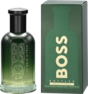 Boss Bottled Bold Citrus męska woda perfumowana. Zielona butelka i pudełko, widok przód. Świeży cytrusowy zapach.