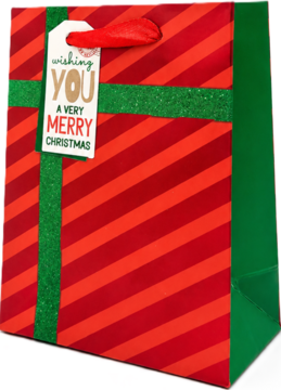 Świąteczna torba prezentowa czerwona w paski, z zieloną brokatową wstążką i etykietką 'Merry Christmas', przód.