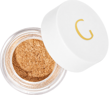 Otwarty słoiczek GLAMTES Liquid Gold 04, złoty, rozświetlający sypki pigment, obok biała nakrętka z logo 'C'.