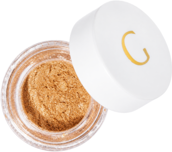 GLAMTES Golden Shimmer 06, złoto-szampański sypki pigment rozświetlający w otwartym słoiczku, z białą nakrętką z logo.