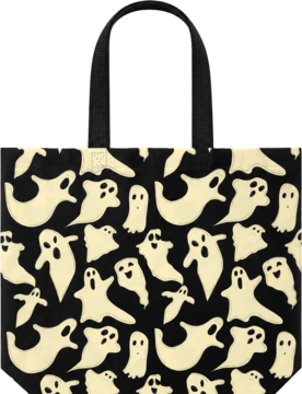 Halloweenowa torba tote bag czarna z mnóstwem białych, uśmiechniętych duchów, widok z przodu.