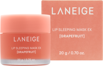 Różowo-koralowa maska do ust Laneige Lip Sleeping Mask EX Grapefruit 20g z pudełkiem, widok z przodu.