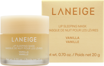 Laneige Lip Sleeping Mask Vanilla w beżowym słoiczku i pasującym pudełku, widok z przodu, pojemność 20g.
