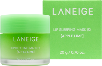 LANEIGE Lip Sleeping Mask EX Apple Lime w jasnozielonym słoiczku i pasującym kartonowym pudełku, widok z przodu.